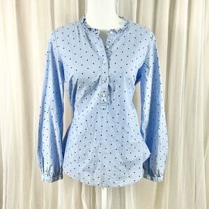 Talbots small blue feminine popover dot ruffle collar half button long sleeve